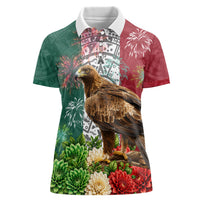 Viva Mexico Independence Day Women Polo Shirt Golden Eagle Angel Aztec Pattern