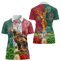 Viva Mexico Independence Day Women Polo Shirt Golden Eagle Angel Aztec Pattern