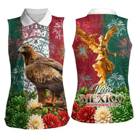 Viva Mexico Independence Day Women Sleeveless Polo Shirt Golden Eagle Angel Aztec Pattern