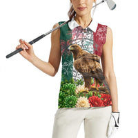 Viva Mexico Independence Day Women Sleeveless Polo Shirt Golden Eagle Angel Aztec Pattern