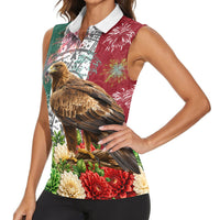 Viva Mexico Independence Day Women Sleeveless Polo Shirt Golden Eagle Angel Aztec Pattern
