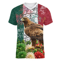 Viva Mexico Independence Day Women V-Neck T-Shirt Golden Eagle Angel Aztec Pattern