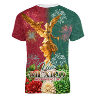 Viva Mexico Independence Day Women V-Neck T-Shirt Golden Eagle Angel Aztec Pattern