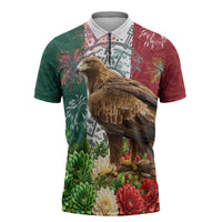 Viva Mexico Independence Day Zipper Polo Shirt Golden Eagle Angel Aztec Pattern