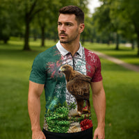 Viva Mexico Independence Day Zipper Polo Shirt Golden Eagle Angel Aztec Pattern