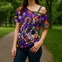 Halloween Skeleton Skateboarder Cross Shoulder Shirt Graffiti Ghost Pumpkin Streetwear Graphic