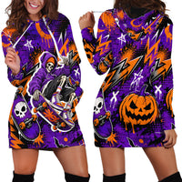 Halloween Skeleton Skateboarder Hoodie Dress Graffiti Ghost Pumpkin Streetwear Graphic