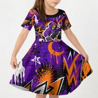Halloween Skeleton Skateboarder Kid Short Sleeve Dress Graffiti Ghost Pumpkin Streetwear Graphic