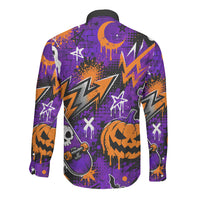 Halloween Skeleton Skateboarder Long Sleeve Button Shirt Graffiti Ghost Pumpkin Streetwear Graphic
