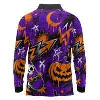 Halloween Skeleton Skateboarder Long Sleeve Polo Shirt Graffiti Ghost Pumpkin Streetwear Graphic