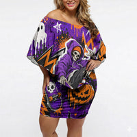 Halloween Skeleton Skateboarder Off Shoulder Short Dress Graffiti Ghost Pumpkin Streetwear Graphic