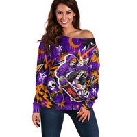 Halloween Skeleton Skateboarder Off Shoulder Sweater Graffiti Ghost Pumpkin Streetwear Graphic