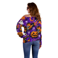 Halloween Skeleton Skateboarder Off Shoulder Sweater Graffiti Ghost Pumpkin Streetwear Graphic