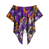 Halloween Skeleton Skateboarder Off Shoulder Wrap Waist Top Graffiti Ghost Pumpkin Streetwear Graphic