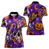 Halloween Skeleton Skateboarder Women Polo Shirt Graffiti Ghost Pumpkin Streetwear Graphic