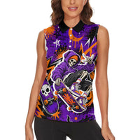 Halloween Skeleton Skateboarder Women Sleeveless Polo Shirt Graffiti Ghost Pumpkin Streetwear Graphic