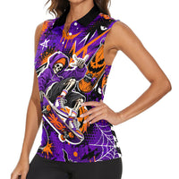 Halloween Skeleton Skateboarder Women Sleeveless Polo Shirt Graffiti Ghost Pumpkin Streetwear Graphic