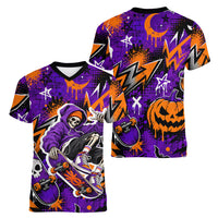 Halloween Skeleton Skateboarder Women V-Neck T-Shirt Graffiti Ghost Pumpkin Streetwear Graphic