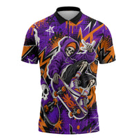 Halloween Skeleton Skateboarder Zipper Polo Shirt Graffiti Ghost Pumpkin Streetwear Graphic