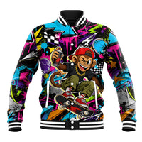 Skateboarding Monkey Baseball Jacket Neon Graffiti Spray Paint Urban Streetwear Art