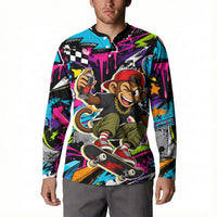 Skateboarding Monkey Button Sweatshirt Neon Graffiti Spray Paint Urban Streetwear Art