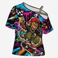 Skateboarding Monkey Cross Shoulder Shirt Neon Graffiti Spray Paint Urban Streetwear Art