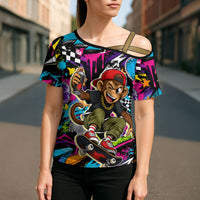 Skateboarding Monkey Cross Shoulder Shirt Neon Graffiti Spray Paint Urban Streetwear Art