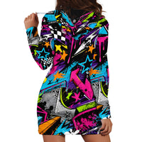 Skateboarding Monkey Hoodie Dress Neon Graffiti Spray Paint Urban Streetwear Art