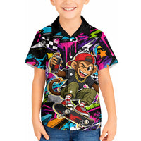 Skateboarding Monkey Kid Hawaiian Shirt Neon Graffiti Spray Paint Urban Streetwear Art