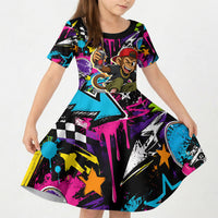 Skateboarding Monkey Kid Short Sleeve Dress Neon Graffiti Spray Paint Urban Streetwear Art