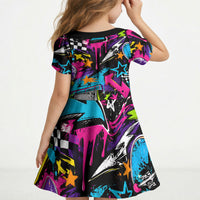 Skateboarding Monkey Kid Short Sleeve Dress Neon Graffiti Spray Paint Urban Streetwear Art
