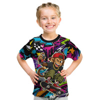 Skateboarding Monkey Kid T Shirt Neon Graffiti Spray Paint Urban Streetwear Art