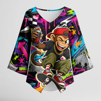 Skateboarding Monkey Kimono Sleeve Blouse Neon Graffiti Spray Paint Urban Streetwear Art