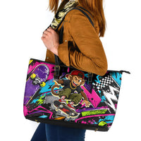 Skateboarding Monkey Leather Tote Bag Neon Graffiti Spray Paint Urban Streetwear Art