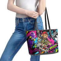 Skateboarding Monkey Leather Tote Bag Neon Graffiti Spray Paint Urban Streetwear Art