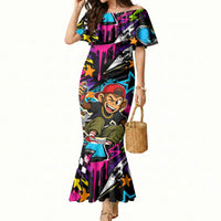 Skateboarding Monkey Mermaid Dress Neon Graffiti Spray Paint Urban Streetwear Art