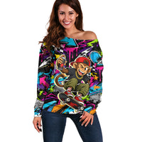 Skateboarding Monkey Off Shoulder Sweater Neon Graffiti Spray Paint Urban Streetwear Art