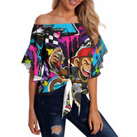 Skateboarding Monkey Off Shoulder Wrap Waist Top Neon Graffiti Spray Paint Urban Streetwear Art