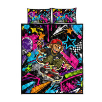 Skateboarding Monkey Quilt Bed Set Neon Graffiti Spray Paint Urban Streetwear Art