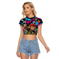 Skateboarding Monkey Raglan Cropped T Shirt Neon Graffiti Spray Paint Urban Streetwear Art