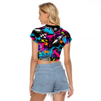 Skateboarding Monkey Raglan Cropped T Shirt Neon Graffiti Spray Paint Urban Streetwear Art