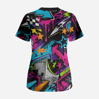 Skateboarding Monkey Scrub Top Neon Graffiti Spray Paint Urban Streetwear Art
