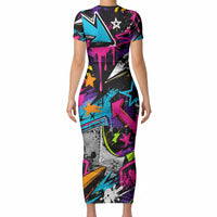 Skateboarding Monkey Short Sleeve Bodycon Dress Neon Graffiti Spray Paint Urban Streetwear Art