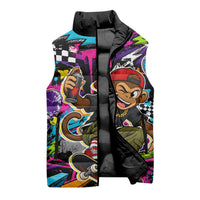 Skateboarding Monkey Sleeveless Puffer Jacket Neon Graffiti Spray Paint Urban Streetwear Art