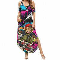 Skateboarding Monkey Summer Maxi Dress Neon Graffiti Spray Paint Urban Streetwear Art