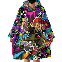 Skateboarding Monkey Wearable Blanket Hoodie Neon Graffiti Spray Paint Urban Streetwear Art