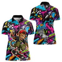 Skateboarding Monkey Women Polo Shirt Neon Graffiti Spray Paint Urban Streetwear Art