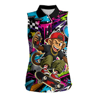 Skateboarding Monkey Women Sleeveless Polo Shirt Neon Graffiti Spray Paint Urban Streetwear Art