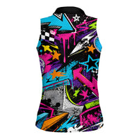 Skateboarding Monkey Women Sleeveless Polo Shirt Neon Graffiti Spray Paint Urban Streetwear Art