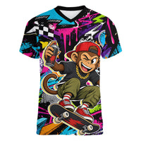 Skateboarding Monkey Women V-Neck T-Shirt Neon Graffiti Spray Paint Urban Streetwear Art